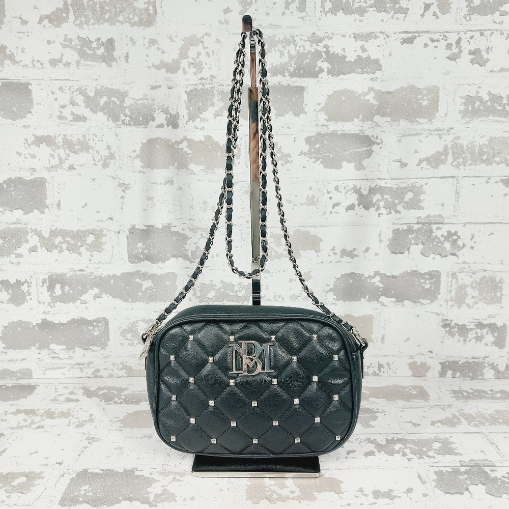 Badgley Mischka Womens Crossbody Chain Studded Black Designer Handbag 1023